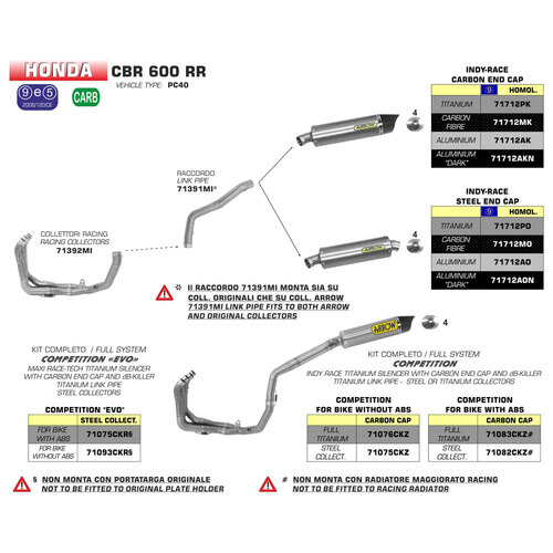 ARROW LINK PIPE - STAINLESS FOR INDY - RACE SILENCERS - HONDA CBR600RR '09-12