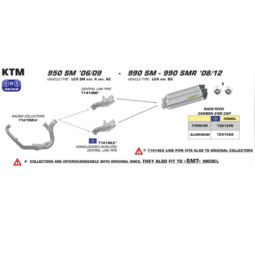 ARROW LINK PIPE - STAINLESS FOR RACE-TECH #72613 SILENCER SET - KTM 950 SM & 990 SM